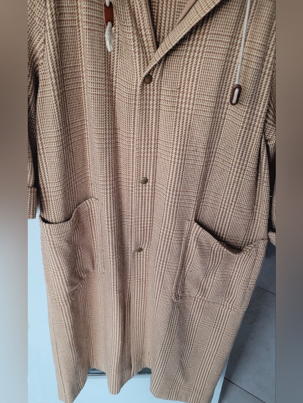 Vintage Ralph Lauren Plaid Wool Duster Coat Hooded Waffle Trench Jacket - Picture 8 of 11